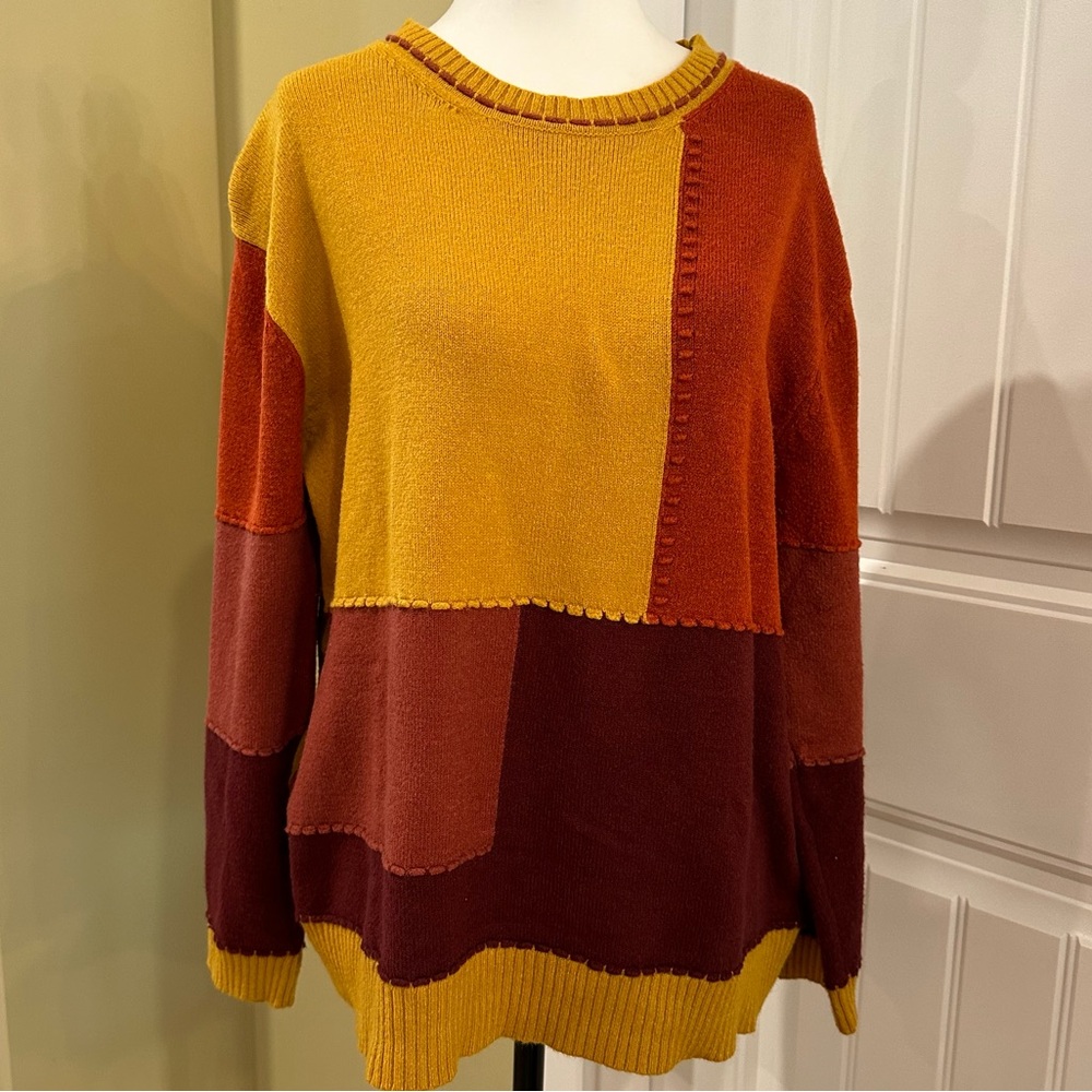 Fall Color Patchwork Colorblock Crew Neck Sweater Large Gold - Picture 10 of 10